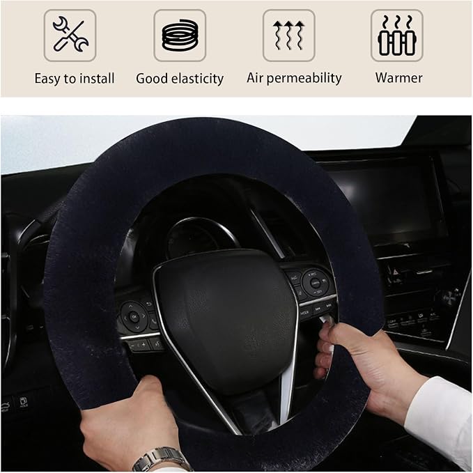 Ziciner Fuzzy Steering Wheel Cover, 15 inch Soft Wool Fur Steering Wheel Protector, Fluffy Wheel Covers for Winter Warm, Car Interior Decoration Accessories for Women Men (Black)