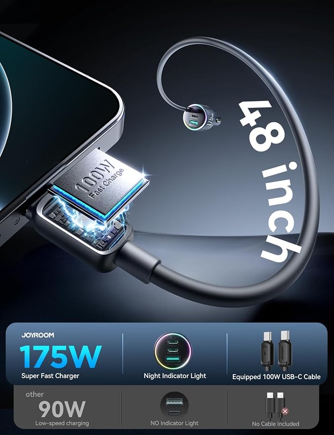 JOYROOM 175W Super Fast Car Charger [GaN] 3-Port Car Charger USB C Fast Charge with USB-C Cable, Car Cigarette Lighter USB Charger for iPhone 17/16/15, Samsung S26/25, Pixel 10, MacBook, iPad and More