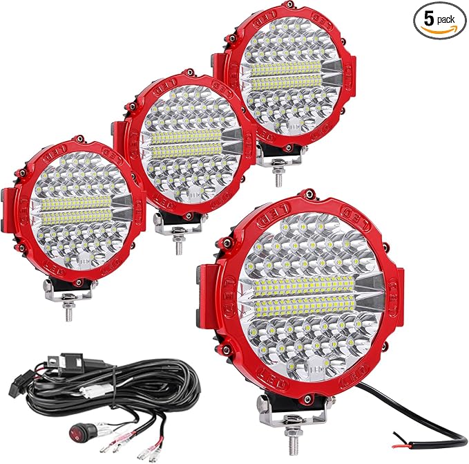 7 Inch Round LED Offroad Driving Lights for Trucks, 201W 12000lm LED Light Pods, Off Road Fog Lights Work Lights for Tractor Snowmobile Golf Cart ATV UTV RV Plower, 4 Pack with Wiring Harness, Red