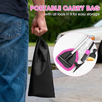 Pink Windshield Cleaner Tool, Car Interior Cleaning Kit with Extendable Handle and 3 Reusable Microfiber Pads, Auto Glass Wiper and Detailing Brush Kit for Car & Home Window