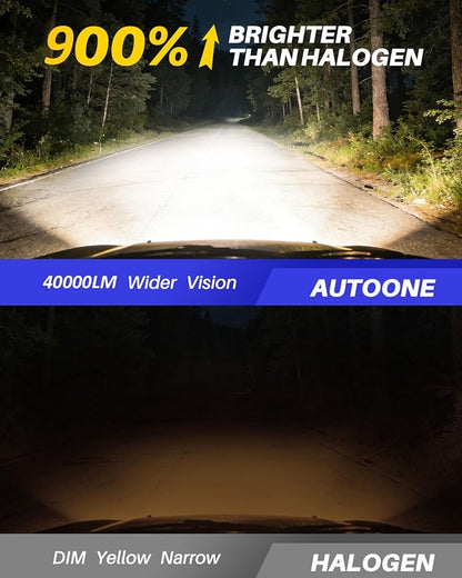 AUTOONE 9005/HB3 LED Light Bulbs, 40,000LM 900% Ultra Brightness, 6500K Cool White, 1:1 Halogen Size, Flicker-free 10-Years Long Service Life Fog Light with Cooling Fan, Plug and Play, Pack of 2