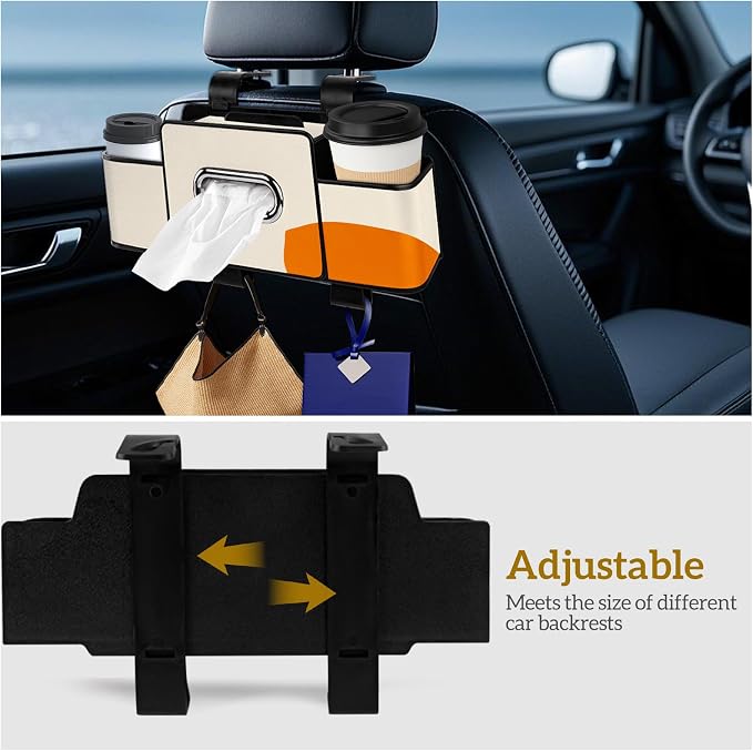 Car Back Seat Organizer with Tissue, Car Seat Back Tissue Box and Storage Hook, Multifunctional Car Organizer for Hold Phone,Drinks,Handbag,Compatible with Most Vehicles (Beige)