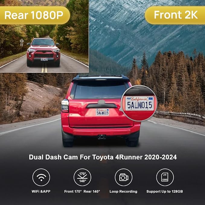Fitcamx 2K Dual Dash Cam for 2020-2024 Toyota 4Runner TRD Sport Limited Pro Off-Road Venture SR5 Premium, OEM Style, Front 1440P Rear 1080P Video, WiFi&APP, Loop Recording, G-Sensor, 64GB Card