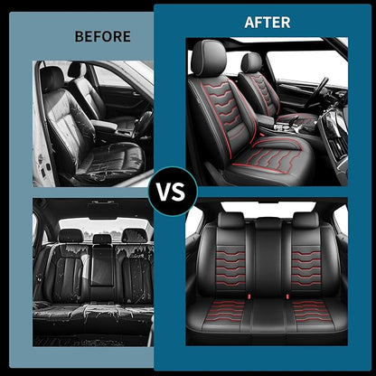 Fit Renegade Car Seat Covers for Jeep Renegade 2015-2024 -Full Set Premium Leather, Waterproof & Breathable，All-Weather Seat Cushion Protecto & Airbag Compatible, 5 Seats Red Line Black