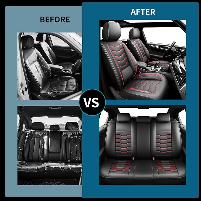 Fit Patriot Car Seat Covers for Jeep Patriot 5 Seats 2007-2016 2017 -Premium Leather, Waterproof & Breathable，All-Weather Seat Cushion Protecto & Airbag Compatible, Full Set Red Line Black