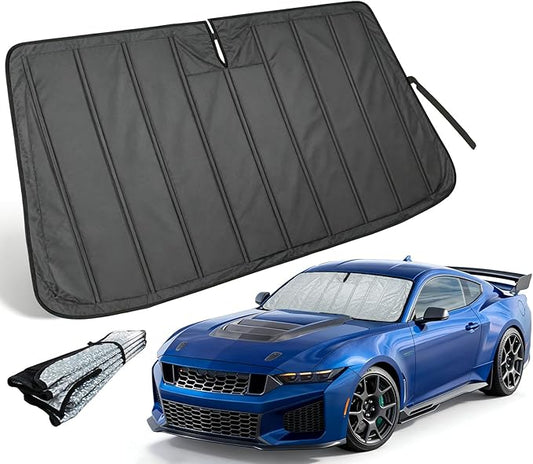 Thickened Windshield Sun Shade for Ford Mustang 2015-2026 | Accordion Front Window Sunshade Aluminum Reflective UV Protection Shield, Foldable Sun Visor with Storage Bag Car accessories