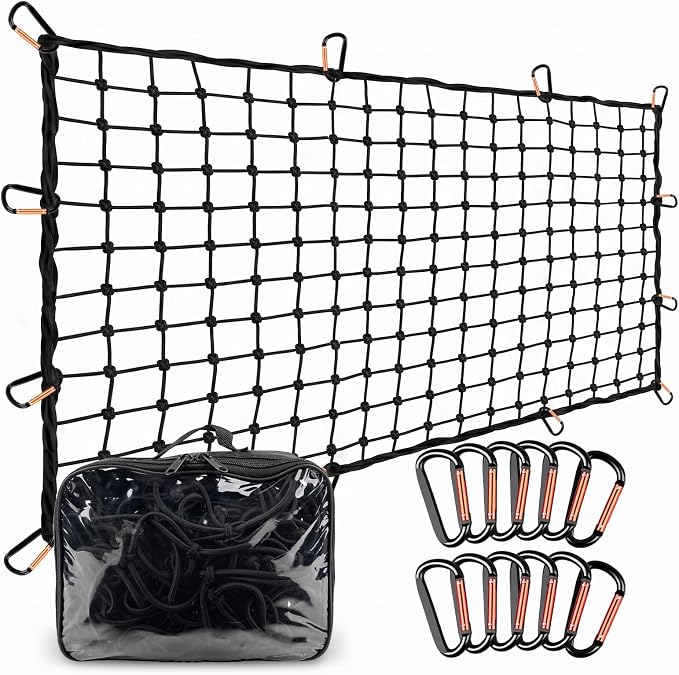 4' x 6' Cargo Net (Stretches to 8'x12') with 12 Metal Carabiners | 4" x 4" Mesh, Bungee Truck Bed Net, Large Items Organizer Accessory for Pickup Trucks, RVs, and Cargo Storage
