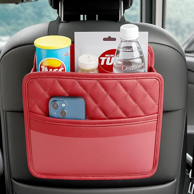 Mandark Car Seat Back Organizer, PU Leather Automotive Backseat Hanging Storage Pocket, Multipurpose Vehicle Travel Essentials Accessories for Kids & Adults, Universal for Most Cars (Red)