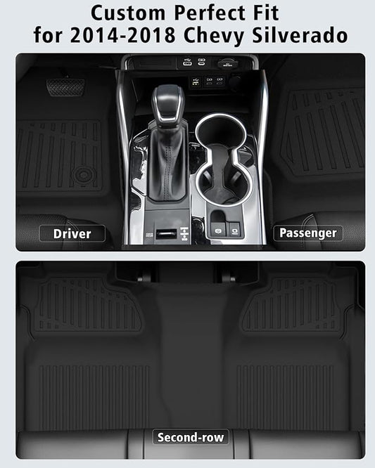 Floor Mats for 2014-2018 Chevy Silverado/GMC Sierra 1500 Crew Cab & 2015-2019 Silverado/Sierra 2500 HD/3500 HD Crew Cab,All Weather TPE Floor Liners Custom Fit for Chevy Silverado Full Set Car Mats