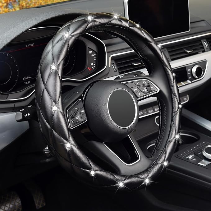 KAFEEK 16 inch Diamond Soft Leather Steering Wheel Cover,Compatible for F150 F250 F350 Ram 4Runner Tacoma Tundra Range Rover