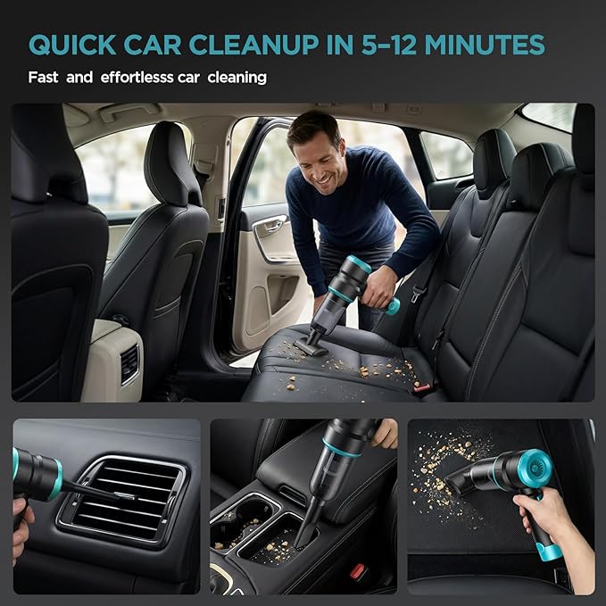 Handheld Car Vacuum Cleaner, 4-in-1 Cordless Rechargeable Mini Vacuum with Air Duster – Quickly Clean Crumbs, Pet Hair & Crevices in Car, Office, Home. Ideal for Commuters & Office Workers (Blue)