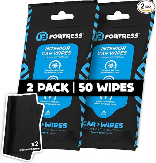 Fortress Car Interior Wipes with Microfiber Cloth (25 ct, Pack of 2) for Car Interior Cleaning, Dashboard, Seats, Detailing, and Steering Wheel [Travel Size] Skin-Safe Car Interior Cleaner Supplies