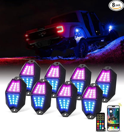 Xprite 8 Pods RGB LED Rock Lights, Aluminum 220° Wide Angle with APP/RF Remote Control Chasing Effect, Music Sync & Turn Brake Signals Compatible with Trucks, Jeeps, UTV, ATV