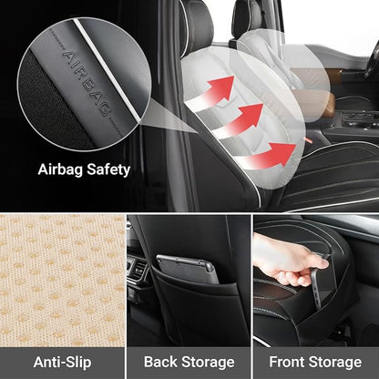 Coverland Custom Truck Car Seat Covers Front Seats for [2017-2025 F150 Raptor Super, SuperCrew Cab] - Protector Water Resistant Leather Memory Form Seat Cushion [Front - Black with White Stitching]