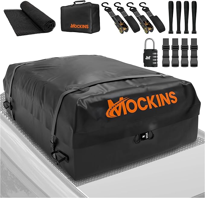 Mockins 25 CuFt Waterproof Rooftop Cargo Carrier Bag | 60"x43"x17" All-Weather 500D Soft-Shell Vinyl Car Top Carrier Without Roof Rack | Vehicle Soft-Shell Carriers with Roof Mat, Lock, Hooks & Straps