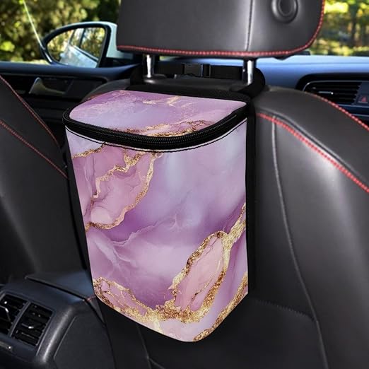 BIGCARJOB Pink Marble Texture Car Trash Bin for Back Seat Car Interior Accessories Waste Basket Storage for Vehicle Truck,Women Girls Travel Camping Picnic Lage Trash Can Garbage Bin