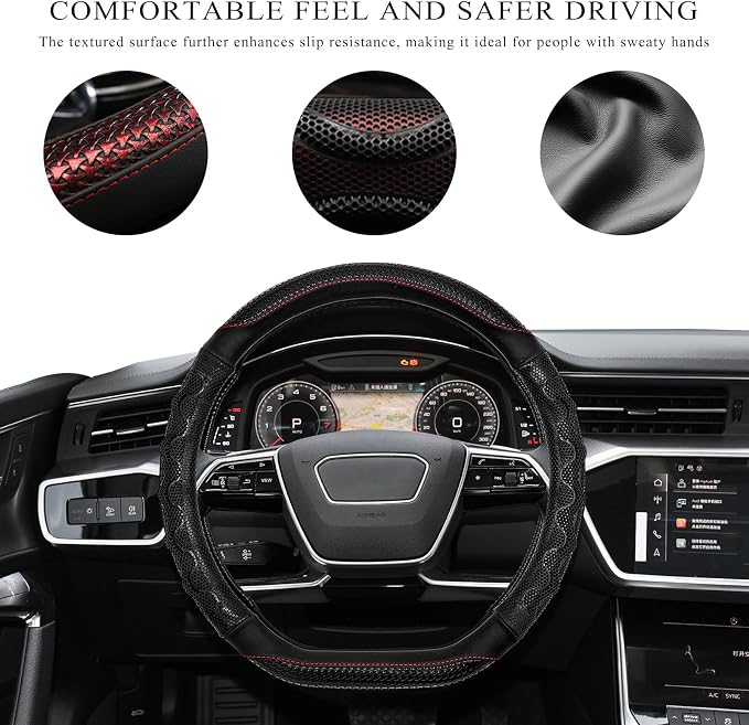 Car Steering Wheel Cover, 15 Inch Anti-Slip Steering Wheel Cover Protector with 3D Honeycomb Design, Universal Steering Wheel Covers for Cars Truck SUV, Car Accessories (Black)