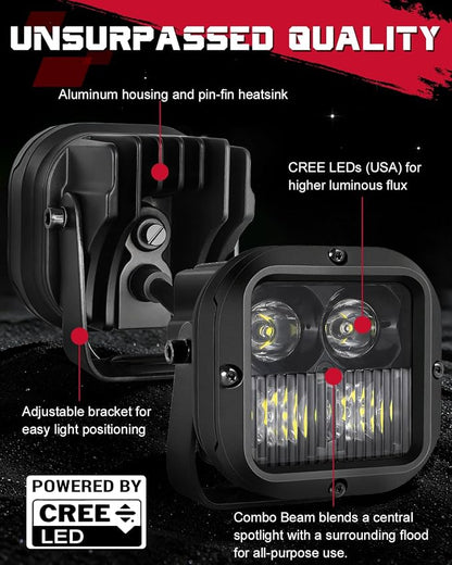OFFROADTOWN LED Pods, 3inch 80W CREE LED Pods Off Road Driving Lights Cubes Ditch Lights Headlight for Truck Pickup Dirt Bike UTV ATV SUV Boat 4x4 Car - Combo Wide Plus Beam