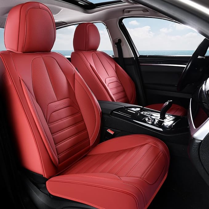 Coverado Car Seat Covers Full Set, Red Seat Covers for Cars, Automotive Seat Covers, Waterproof Nappa Leather Front Seats and Back Car Seat Protector, Universal Fit for Most Cars SUV Trucks