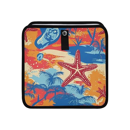 Car Trash Can Organizer Bin with Adjustable Strap for Back Front Seat Console Waterproof Leakproof Collapsible Portable 8.66 Inch Bright Summer Beach Starfish and Palm Tree