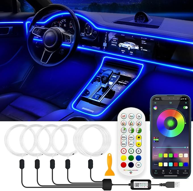 Jushope Interior Car LED Strip Lights, RGB USB Car Ambient Lighting with Wireless APP & Remote Control, Car Accessories Fiber Optifc Lights Sync to Music (5 LED/276 inches)