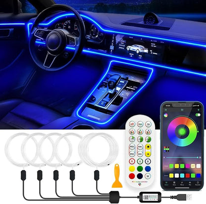 Jushope Interior Car LED Strip Lights, RGB USB Car Ambient Lighting with Wireless APP & Remote Control, Car Accessories Fiber Optifc Lights Sync to Music (5 LED/276 inches)