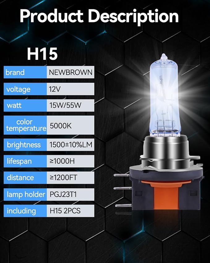 NEWBROWN H15 Headlight Bulb h15 Halogen Headlight Bulb 5000K Super White Light Long Life Replacement PGJ23T1 12V 15W/55W (H15, 2 Pack)