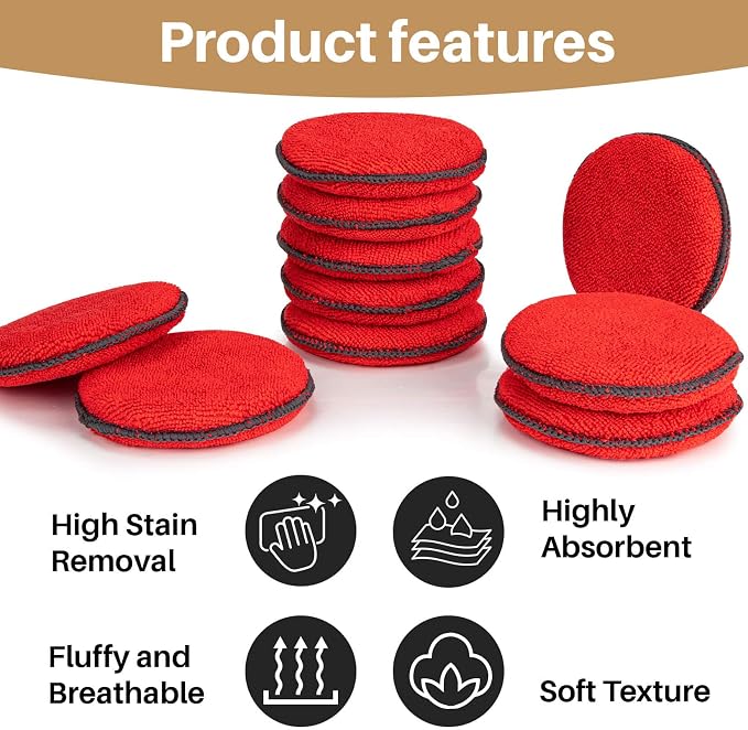Sukh 12 Pack Microfiber Foam Car Wax Applicator Pad - Foam Applicator Pads Detailing Round 4.72 inch Polishing Sponges for Car Wax Applicator Pad Red.