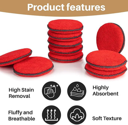 Sukh 12 Pack Microfiber Foam Car Wax Applicator Pad - Foam Applicator Pads Detailing Round 4.72 inch Polishing Sponges for Car Wax Applicator Pad Red.