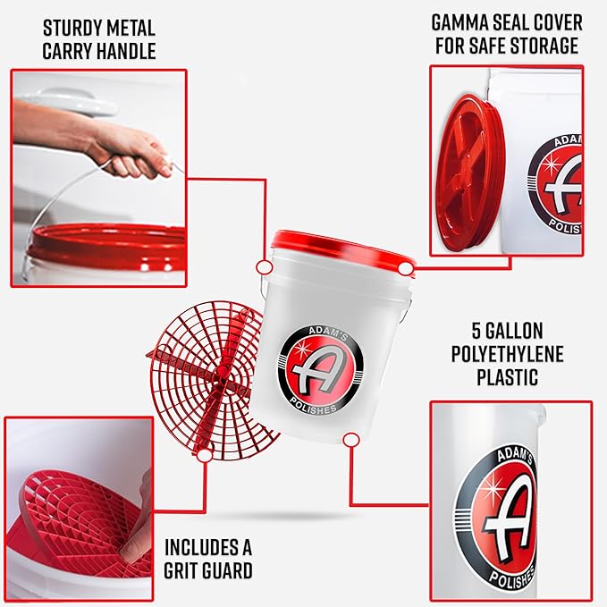 Adam's Polishes Car Wash Bucket (5 Gallon Bucket + Grit Guard + Gamma Seal Lid), Perfect Car Tool for Washing & Garage Storage, Stores Car Wash Soap, Foam Cannon, Foam Gun, Microfiber Towels & More