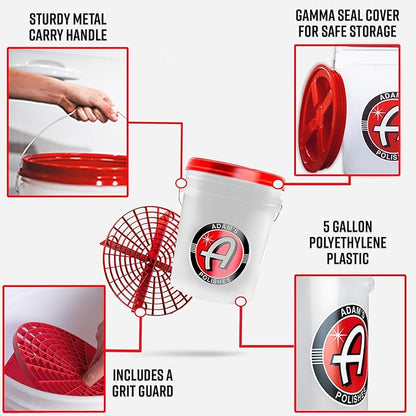 Adam's Polishes Car Wash Bucket (5 Gallon Bucket + Grit Guard + Gamma Seal Lid), Perfect Car Tool for Washing & Garage Storage, Stores Car Wash Soap, Foam Cannon, Foam Gun, Microfiber Towels & More