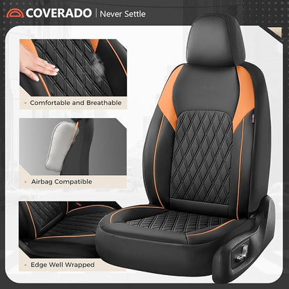 Coverado Seat Covers for Cars, Automotive Seat Covers Front Seats, Waterproof Car Seat Covers, Car Seat Cushion, Faux Leather Car Seat Protector Carseat Cover Universal Fit Most Cars, Black&Orange