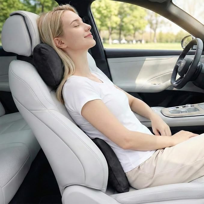 2PCS Car Pillow for Car Neck Pillow for Driving Seat Neck Support Soft Cushion Back Support Head-Rests for Vehicle Sleeping with Elastic Adjustment Strap (Black, Head and Lumbar)