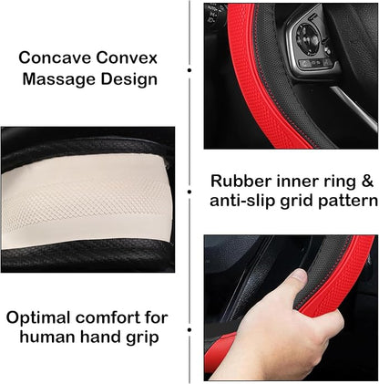 Concave Convex Massage Black Red Microfiber Leather Steering Wheel Cover, 14.5-15 Inch Non-Slip Breathable Microfiber Car Steering Wheel Protector