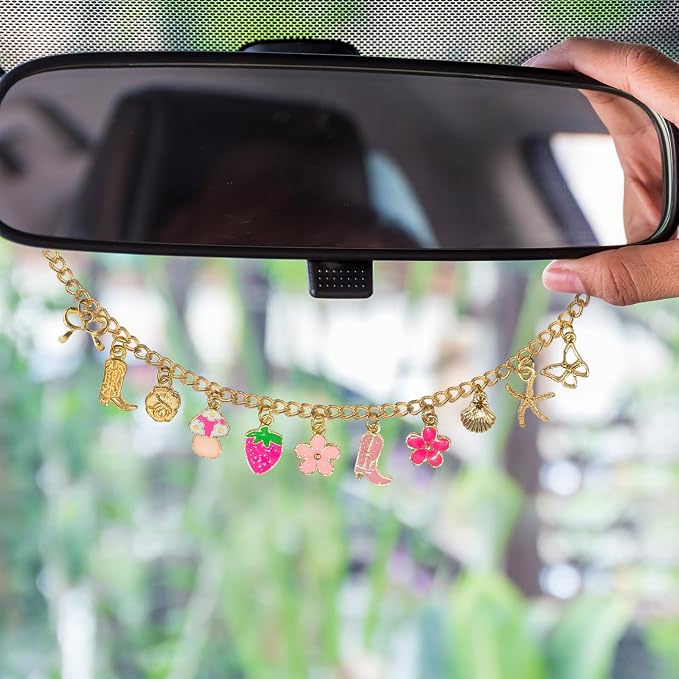 Strawberry & Flower Seashell Butterfly Rear View Mirror Charm – Cute Boho Car Hanging Decor with Bow, Lucky Mushroom & Cowboy Boot, Car Accessories for Women, Gift for Drivers