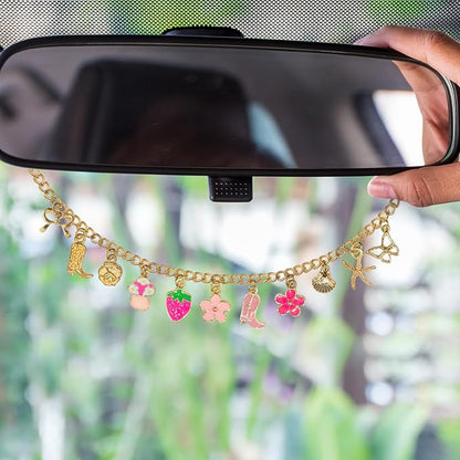 Strawberry & Flower Seashell Butterfly Rear View Mirror Charm – Cute Boho Car Hanging Decor with Bow, Lucky Mushroom & Cowboy Boot, Car Accessories for Women, Gift for Drivers