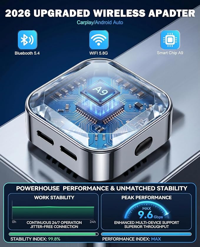 2 in 1 Wireless CarPlay and Android Auto Adapter for Porsche Cayenne 2017 2018 2019 2020 2021 2022 2023 2024, Mini CarPlay Dongle Converts Wired to Wireless, Fast Auto-Connect
