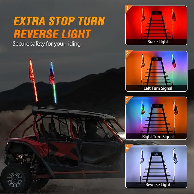 Nilight 2PCS 4FT RGB LED Whip Lights, Remote App Control w/DIY Chasing Patterns Stop Turn Reverse Modes Safety Lighted Antenna for ATV UTV Polaris RZR Can-am Dune Buggy Jeep