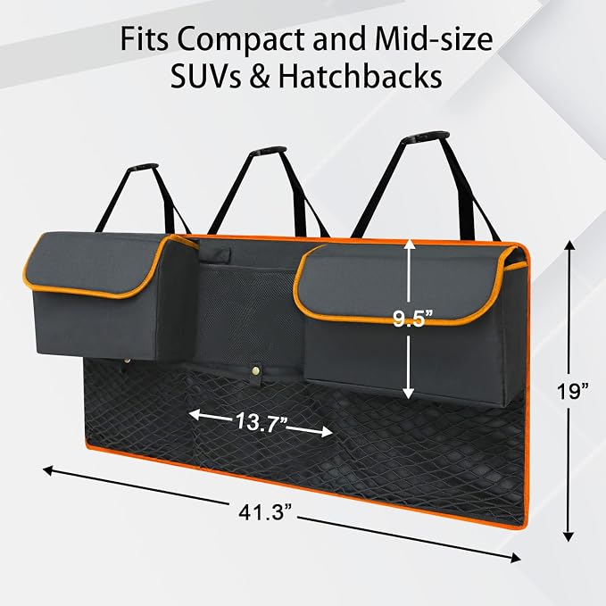 Deluxe Trunk Organizer, Orange, Compact & Mid Size SUV | Backseat Hanging, Waterproof Collapsible, 6 Pockets, Reinforced No-Sag Design