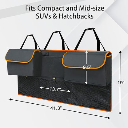 Deluxe Trunk Organizer, Orange, Compact & Mid Size SUV | Backseat Hanging, Waterproof Collapsible, 6 Pockets, Reinforced No-Sag Design