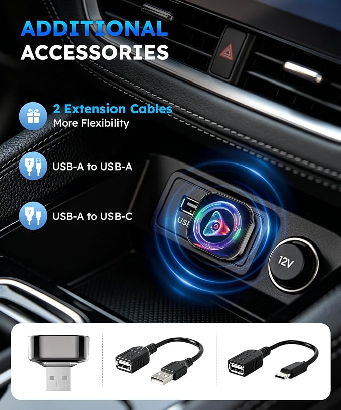 TICARVE 2-in-1 Wireless Apple CarPlay & Android Auto Adapter, Plug & Play CarPlay Wired to Wireless Adapter, Stable Auto-Connect, No Latency, iOS 10+ & Android 11+, USB/USB-C Extension Cable