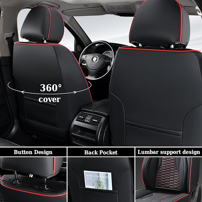 Coverado Front Seat Covers, Car Seat Covers Front Seats, Nappa Leather Waterproof Seat Covers for Car, Car Seat Protectors, Automotive Seat Covers Universal Fit for Most Vehicles(Black&Red)
