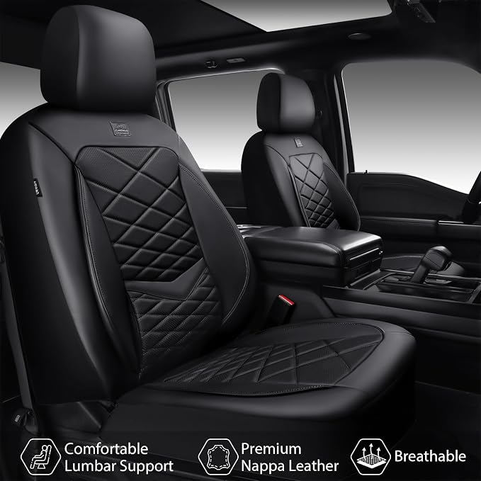 CAR PASS Luxury Nappa Leather Seat Covers Full Set, Water Resistant Faux Leather Seat Covers with Lumbar Support, Comfortable Automotive Seat Covers Universal Fit for SUV Sedan Van Truck, Solid Black