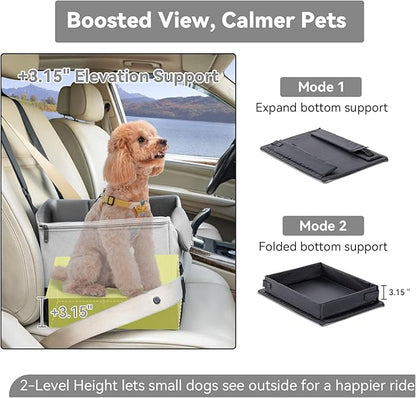 A 4 Pet Dog Car Seats for Small Dogs Under 25lbs – Safety Travel Booster Seat with Patent Buckles, Adjustable Leash – Reduces Anxiety & Road Trips – Frame Support for Cars, SUV, Pickup