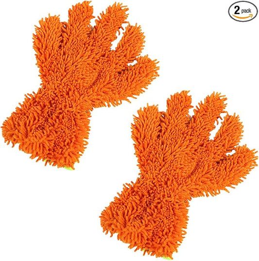 2PCS Car Wash Mitts, Double Sided Chenille Microfiber Dusting Gloves with 5-Finger Design, Anti-Scratch Auto Interior Exterior Detailing Mitt for Cleaning Wheel Tight Spot (Orange)