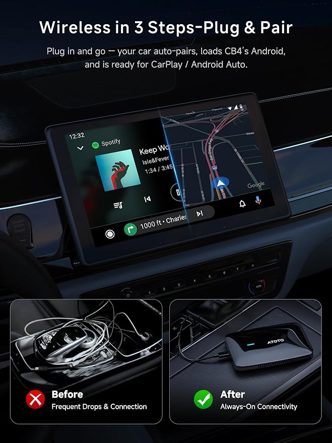 Wireless CarPlay & Android Auto Adapter, Supports for Netflix/YouTube, AI Box Carplay, Drivechat with AI Skills, Dual WiFi, Bluetooth, Fits for OEM Wired CarPlay Cars