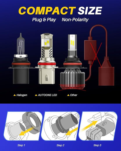 AUTOONE 9007/HB5 LED Light Bulbs 900% Brightness, 6000K Pure White Fog Light, 1:1 Halogen Size Wireless, Easy Installation, IP68, Pack of 2