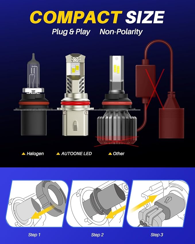 AUTOONE 9007 LED Bulb, 800% Brighter, 3 Min Quick Install, 20 Years Lifespan, No Flicker, 99% Compatibility
