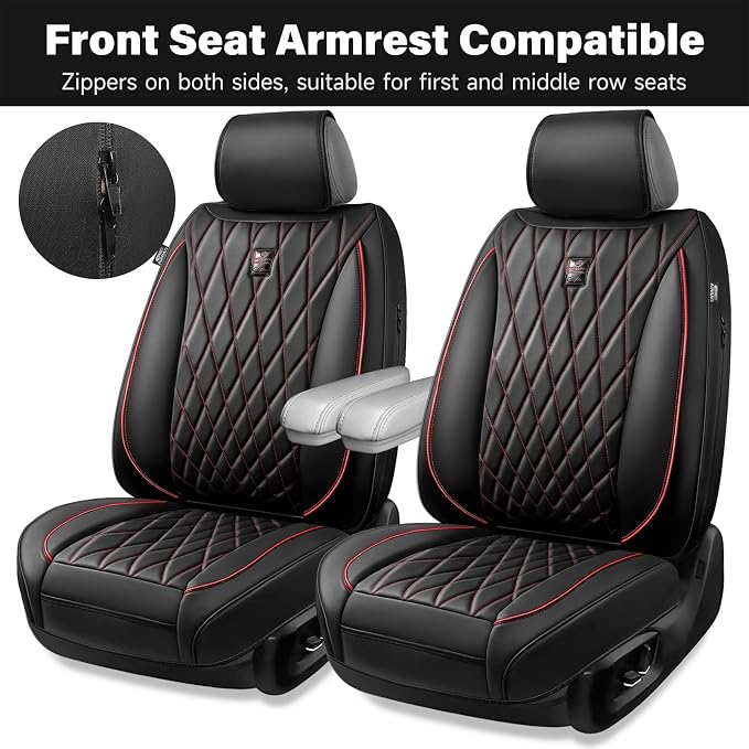 CAR PASS Luxury PU Leather Two Front Car Seat Covers, Waterproof Seat Covers Compatible with Front Seat Armrests, Airbag Compatible Anti- Slip Universal Fit for Cars Suvs Vans Trucks Black Red