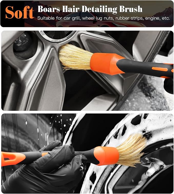 YeewayVeh 4PCS Car Wheel Brush Kit, Microfiber Wheel Cleaner Brush with Boar Hair Detailing Brush, Bendable & Durable Wheel and Tire Brush Kit for Cleaning Wheels, Tires